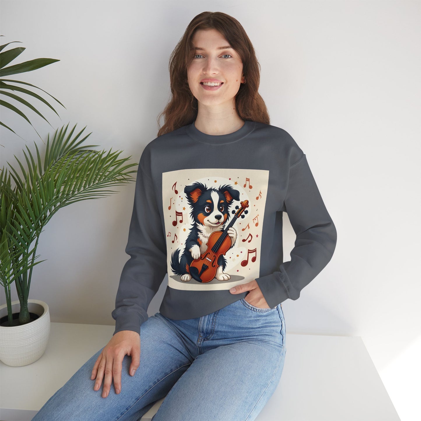 Music Dog Crewneck Sweatshirt - Cute Puppy Violinist with Musical Notes Design | Musician Gift