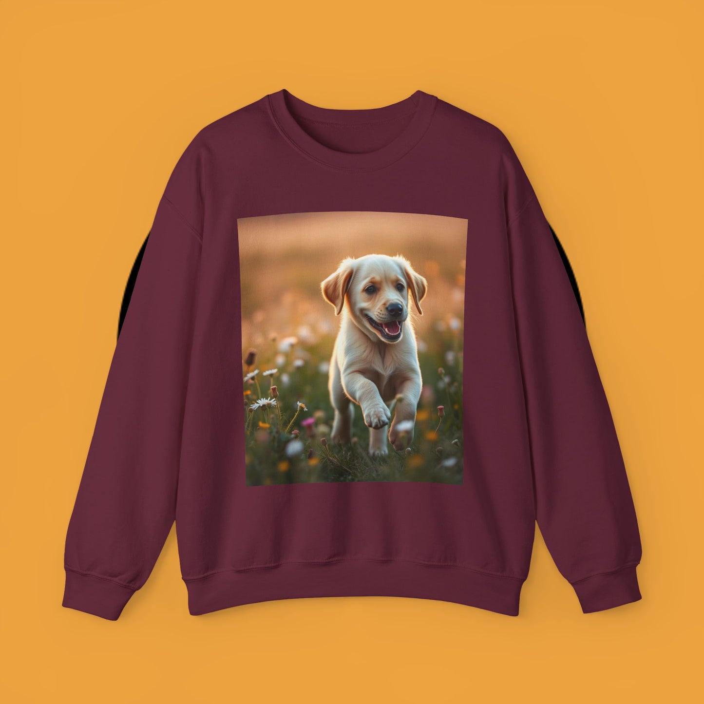 Unisex Dog Lover Crewneck Sweatshirt - Playful Labrador Puppy Running Through Wildflower Meadow