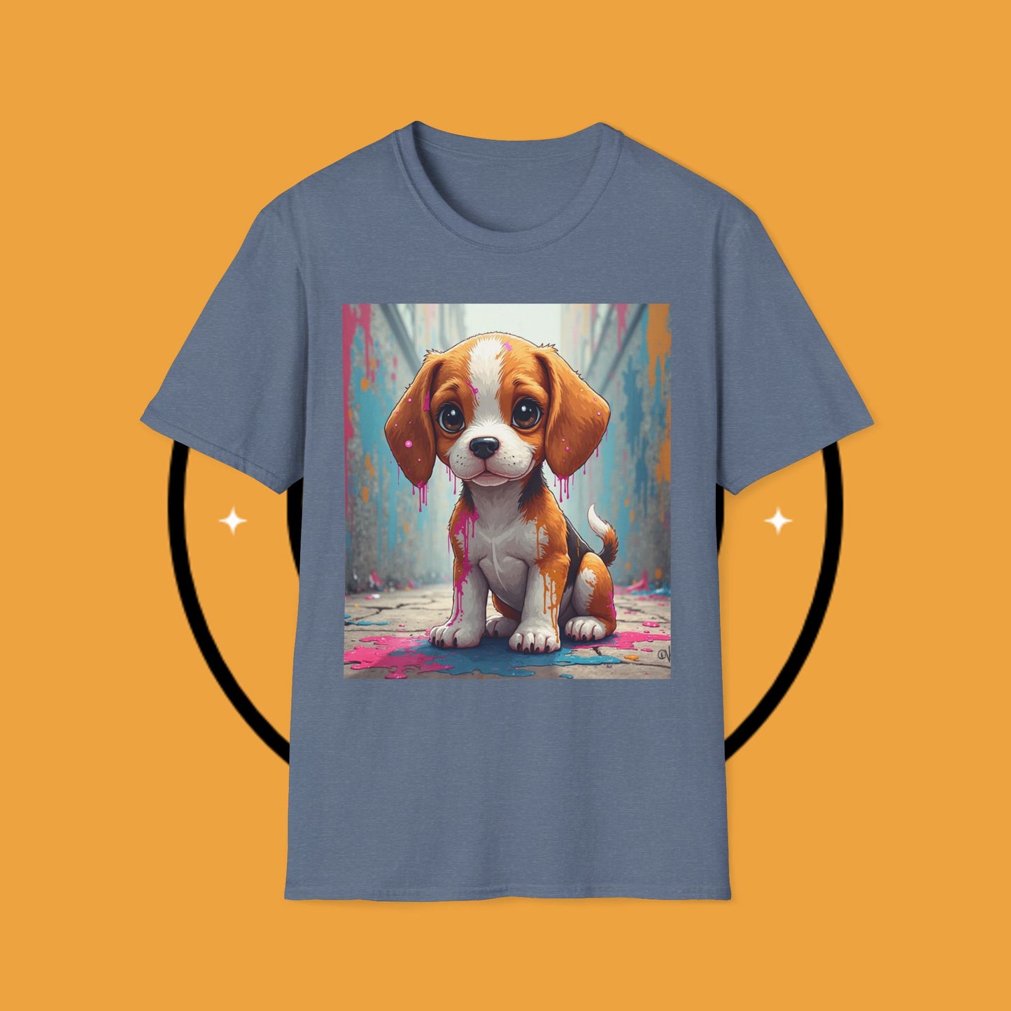 Beagle Street Art T-Shirt - Urban Paint Splatter Dog Design | Artistic Puppy Graffiti Tee for Creative Souls