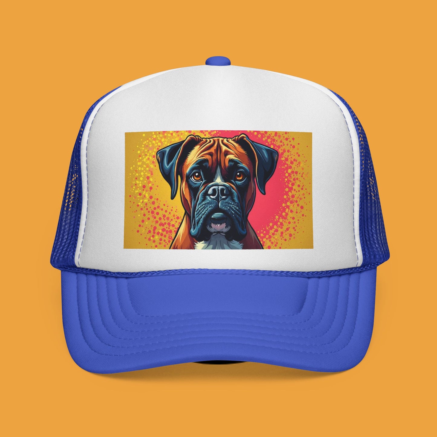 "Pop Art Boxer Dog Trucker Cap - Vibrant Colorful Design | Artistic Snapback Hat | Retro Street Style Baseball Cap for Dog Lovers"