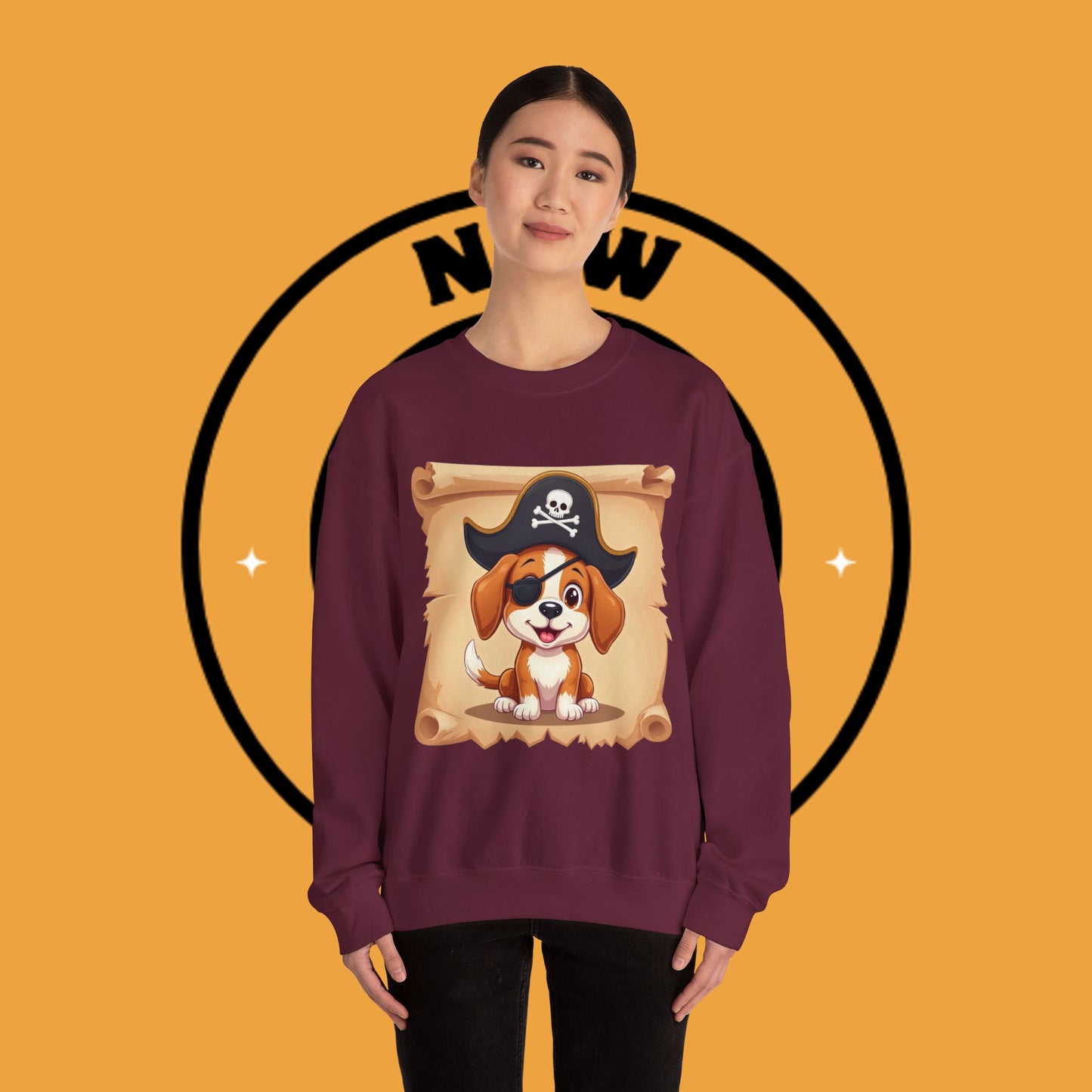 Pirate Dog Crewneck Sweatshirt - Buccaneer Beagle Design with Patch and Hat