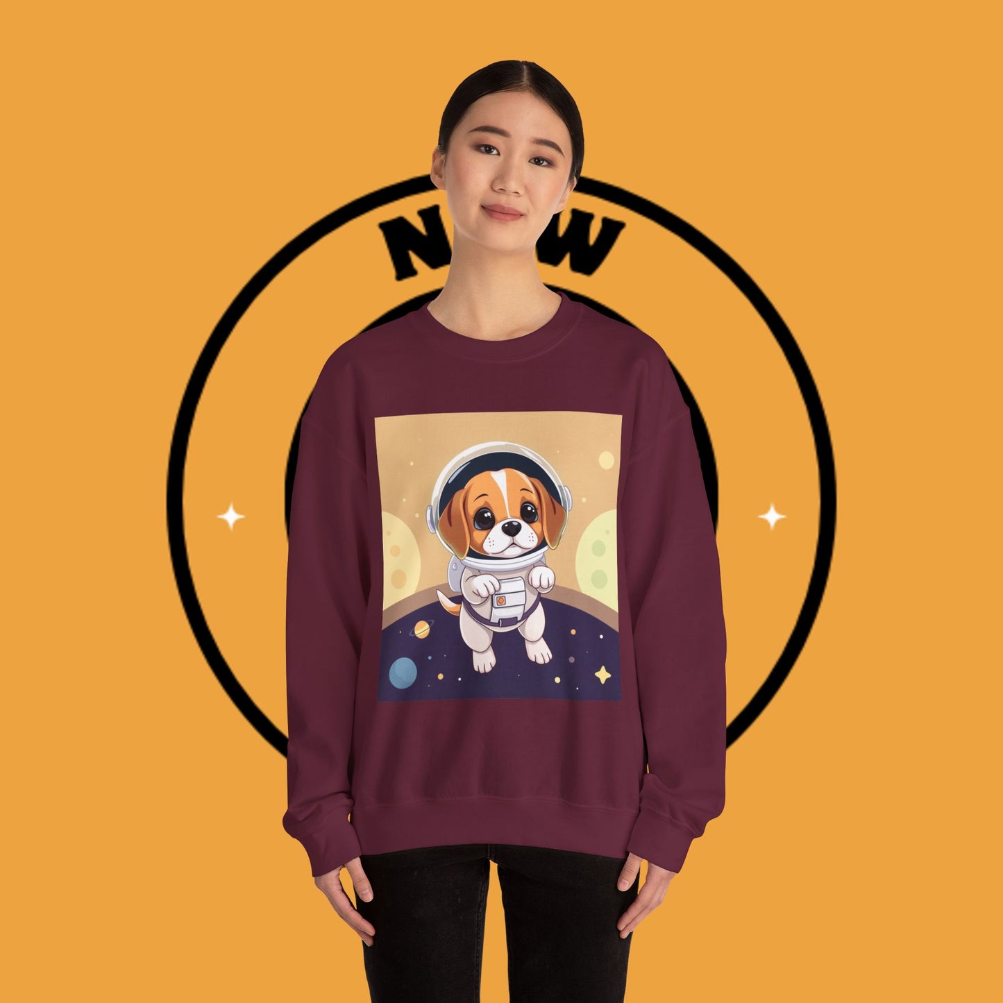 Astronaut Dog Crewneck Sweatshirt - Space Beagle Design with Helmet and Planets