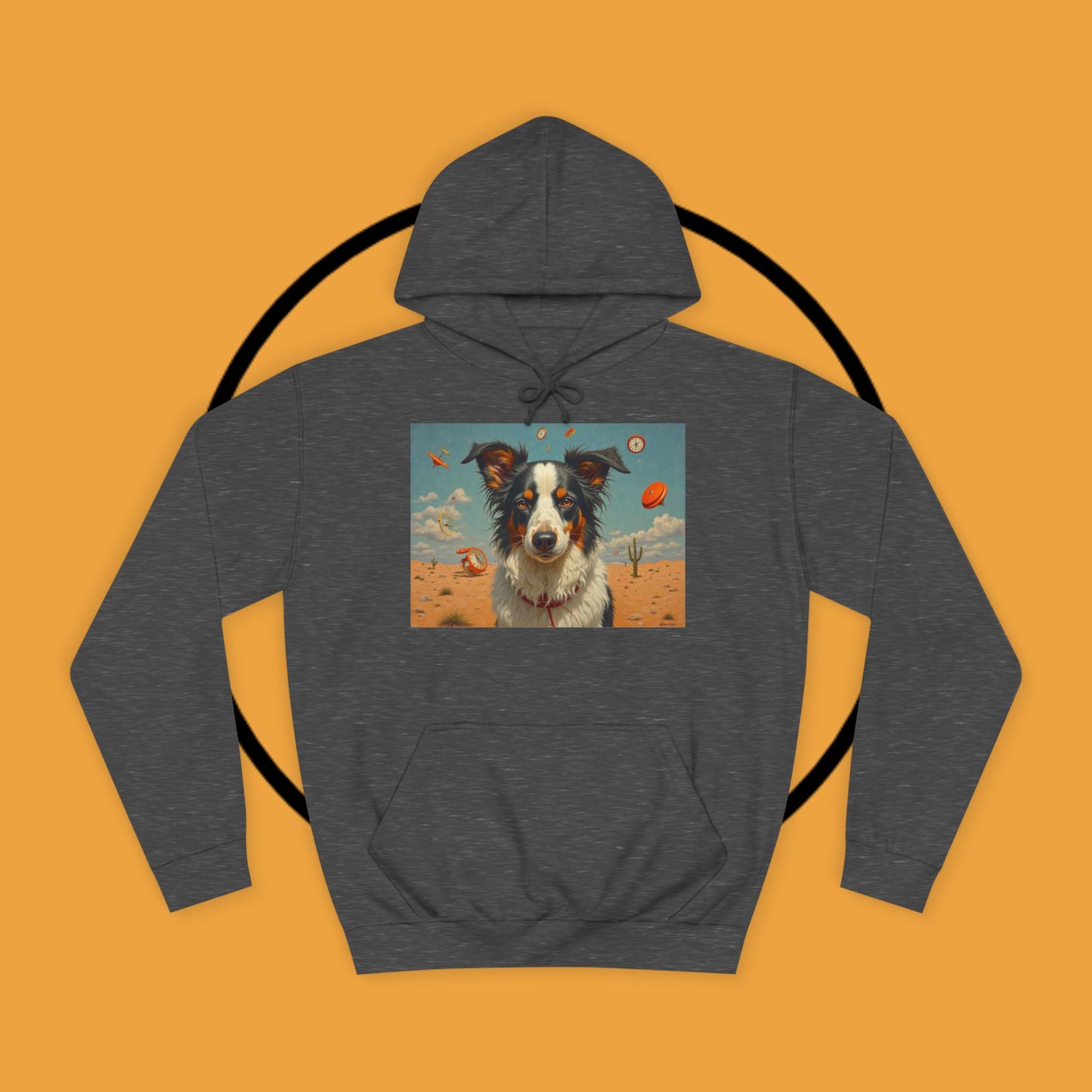 "Surreal Border Collie Time Desert Hoodie - Flying Clocks Artistic Dog Sweatshirt | Dreamlike Fantasy Design"