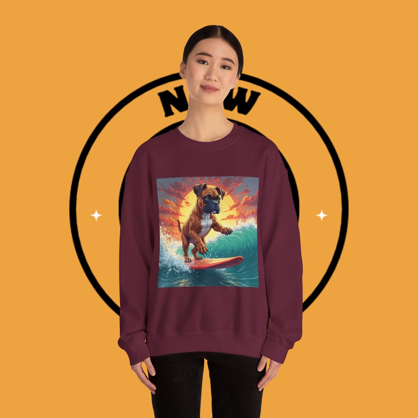 Surfing Boxer Dog Crewneck Sweatshirt | Funny Beach Surfer Gift | Epic Wave Riding Pup Design