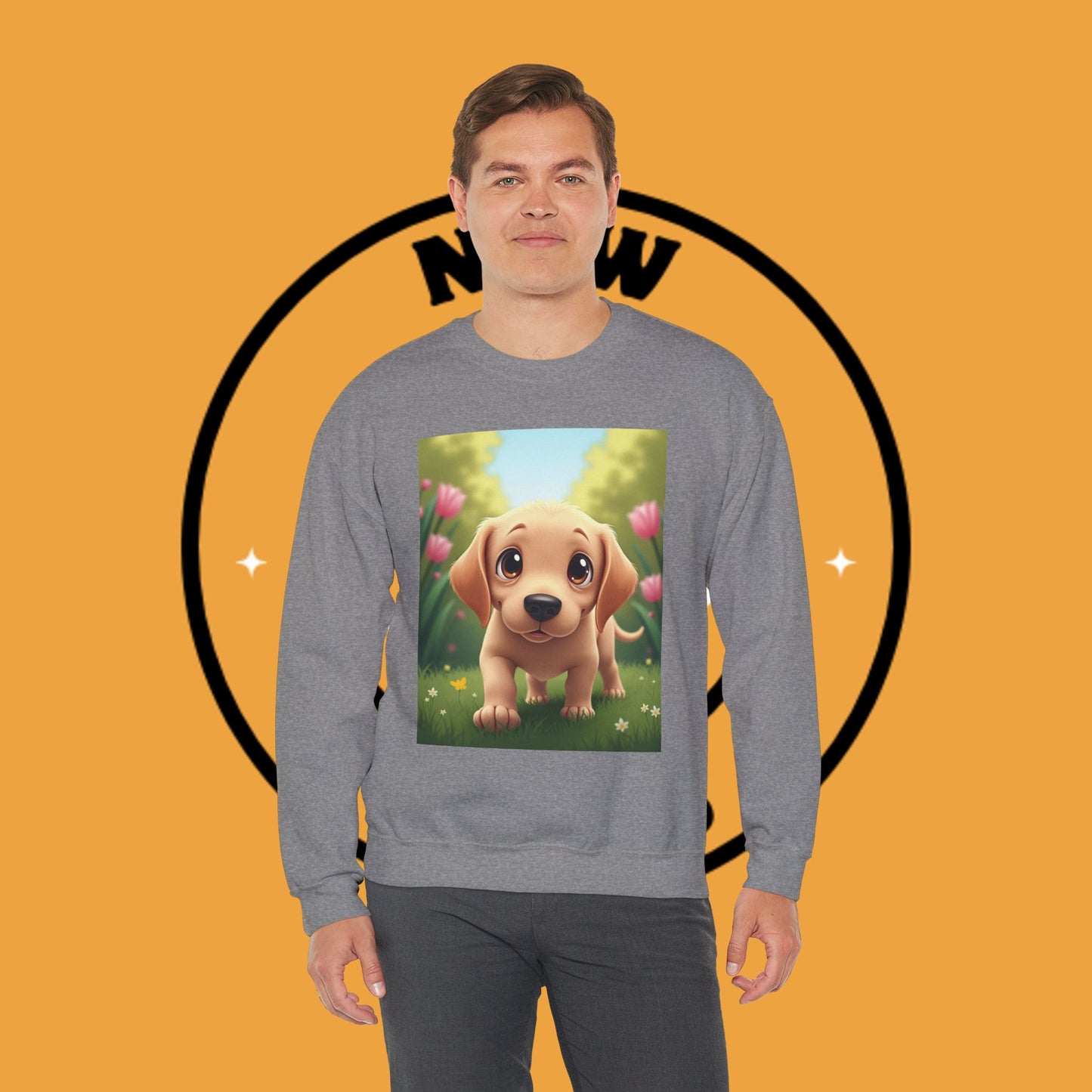 Adorable Golden Retriever Puppy in a Garden with Flowers - Cute Puppy Photo kawaii style