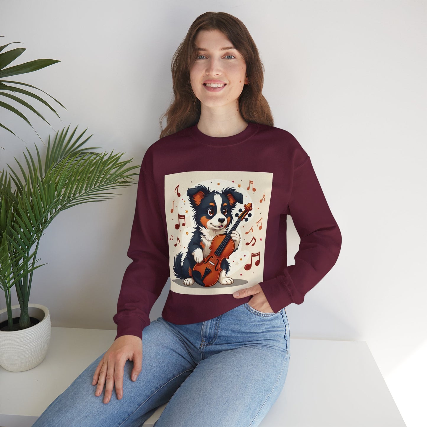 Music Dog Crewneck Sweatshirt - Cute Puppy Violinist with Musical Notes Design | Musician Gift