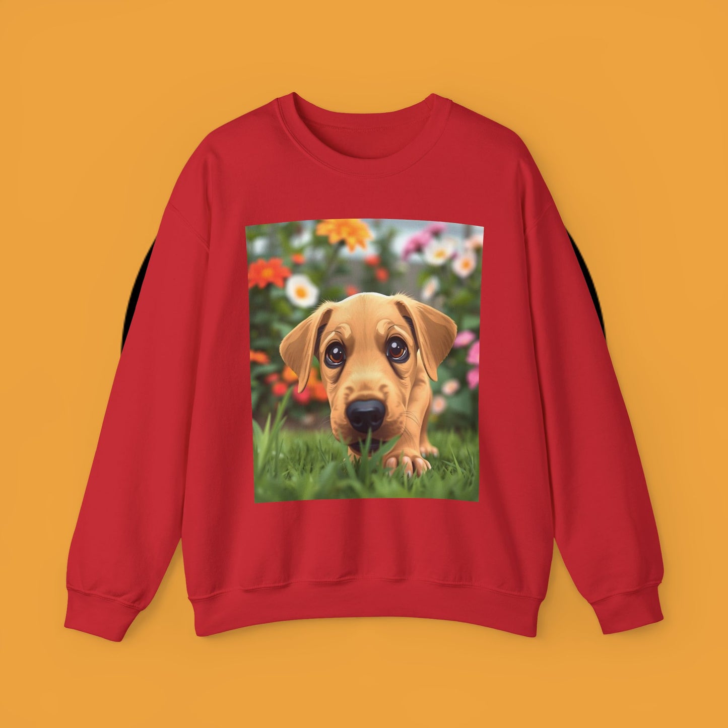 Unisex Dog Lover Crewneck Sweatshirt - Cute puppe with big eyes in floral garden