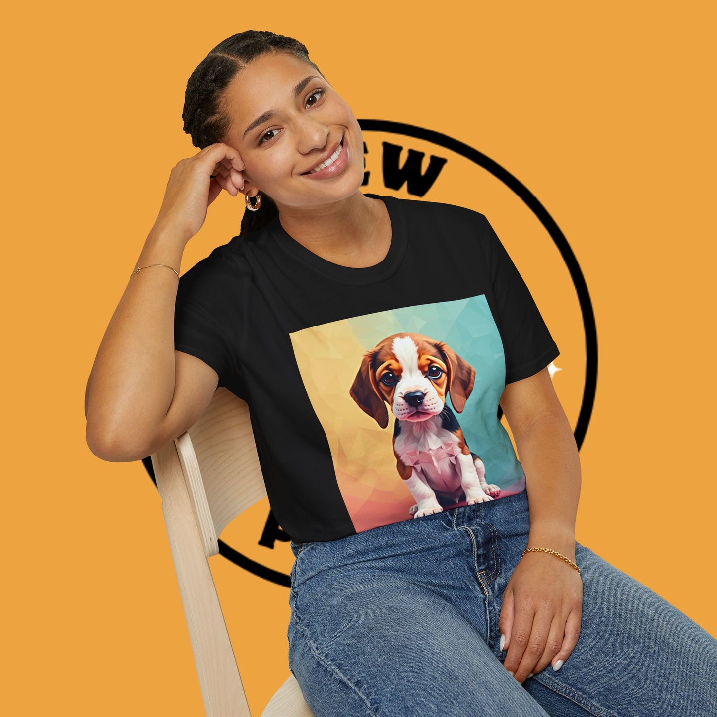 Modern Art Beagle Puppy T-Shirt - Geometric Low Poly Dog Design with Rainbow Background