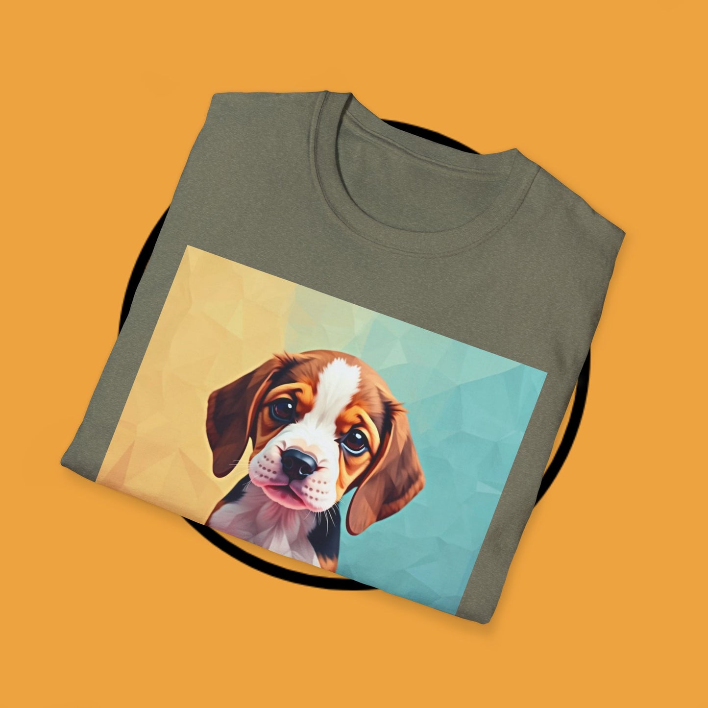 Modern Art Beagle Puppy T-Shirt - Geometric Low Poly Dog Design with Rainbow Background