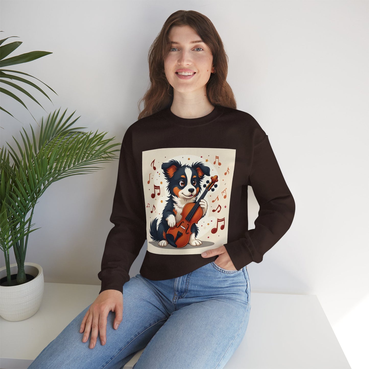 Music Dog Crewneck Sweatshirt - Cute Puppy Violinist with Musical Notes Design | Musician Gift