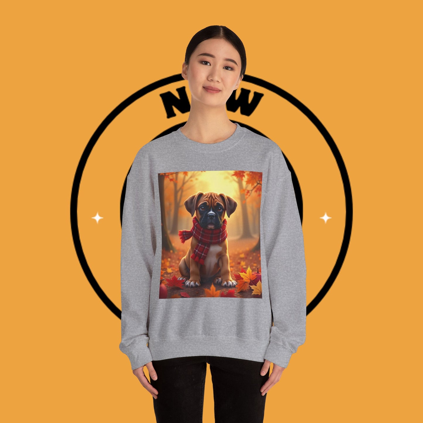 Cute Boxer Puppy Autumn Crewneck Sweatshirt | Fall Dog Lover Gift | Cozy Plaid Scarf Design