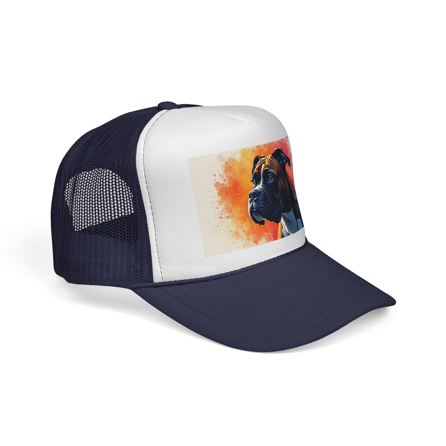 "Watercolor Sunset Boxer Dog Trucker Cap - Artistic Profile Design | Premium Snapback Hat | Fine Art Streetwear for Dog Lovers"