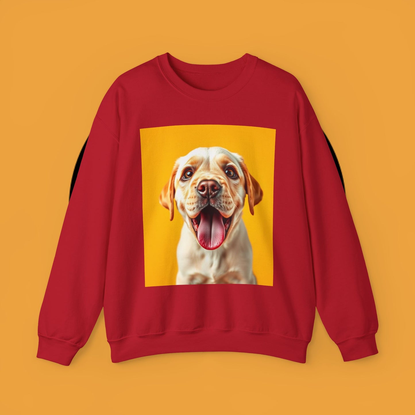Unisex Dog Lover Crewneck Sweatshirt - Smiling Yellow Lab on vibrant yellow background