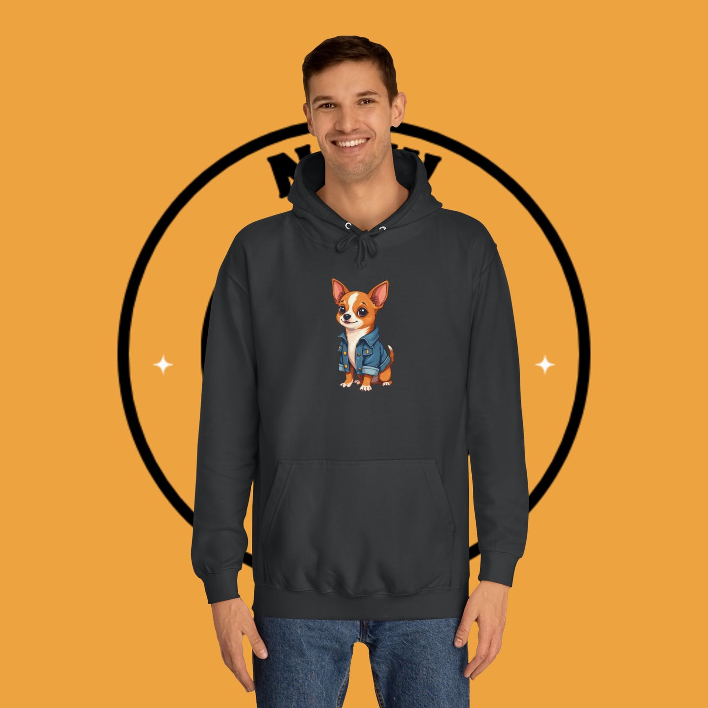 "Adorable Chihuahua in Denim Jacket Hoodie | Cute Dog Lover Gift | Premium Pet Fashion Streetwear"
