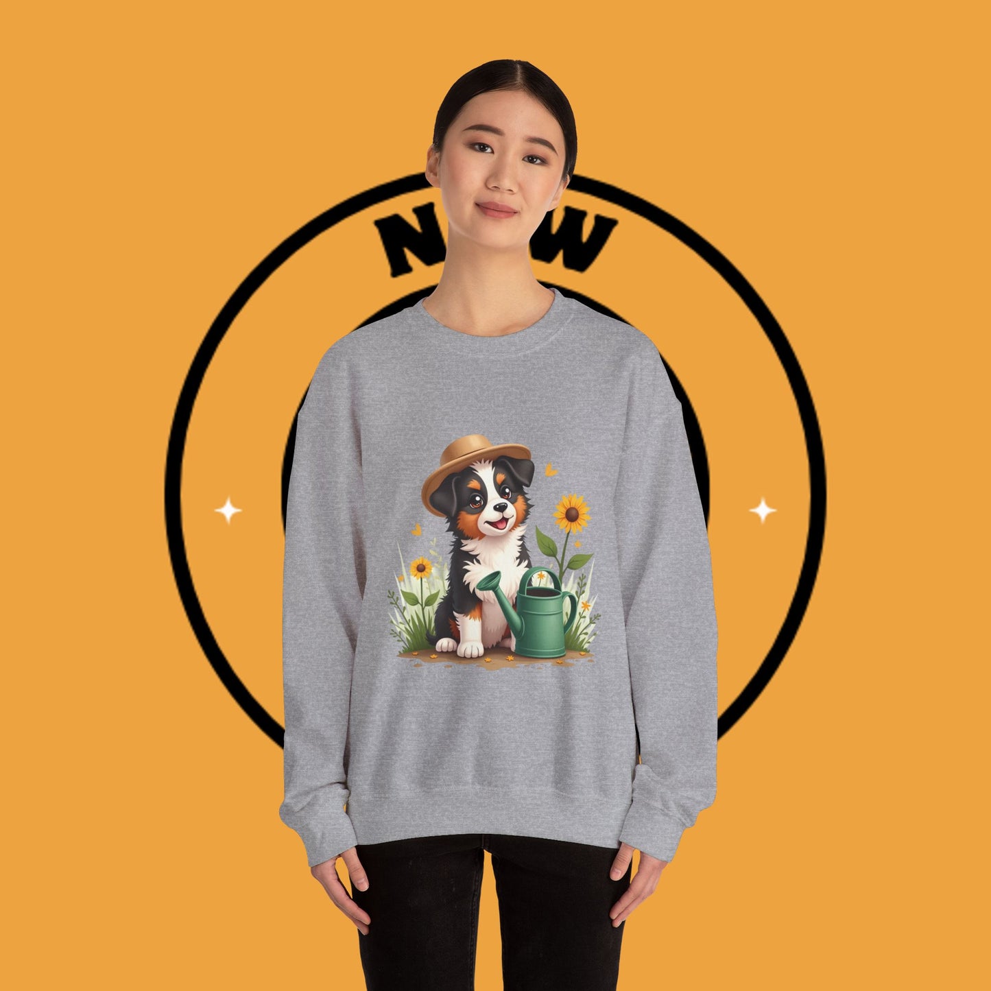 Garden Dog Crewneck Sweatshirt - Cute Puppy Gardener with Sunflowers Design | Green Thumb Gift