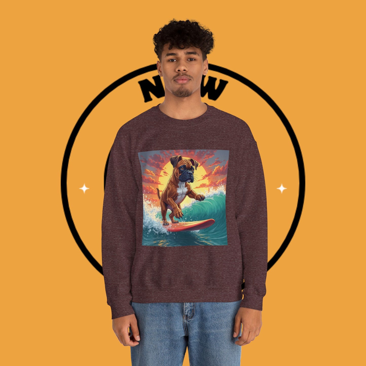 Surfing Boxer Dog Crewneck Sweatshirt | Funny Beach Surfer Gift | Epic Wave Riding Pup Design