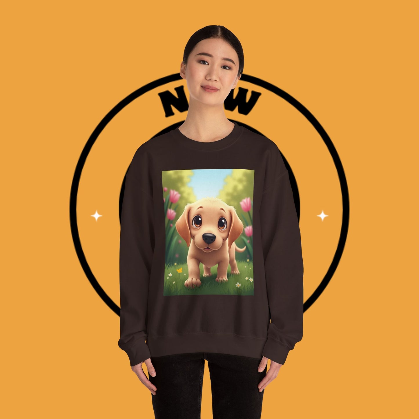 Adorable Golden Retriever Puppy in a Garden with Flowers - Cute Puppy Photo kawaii style
