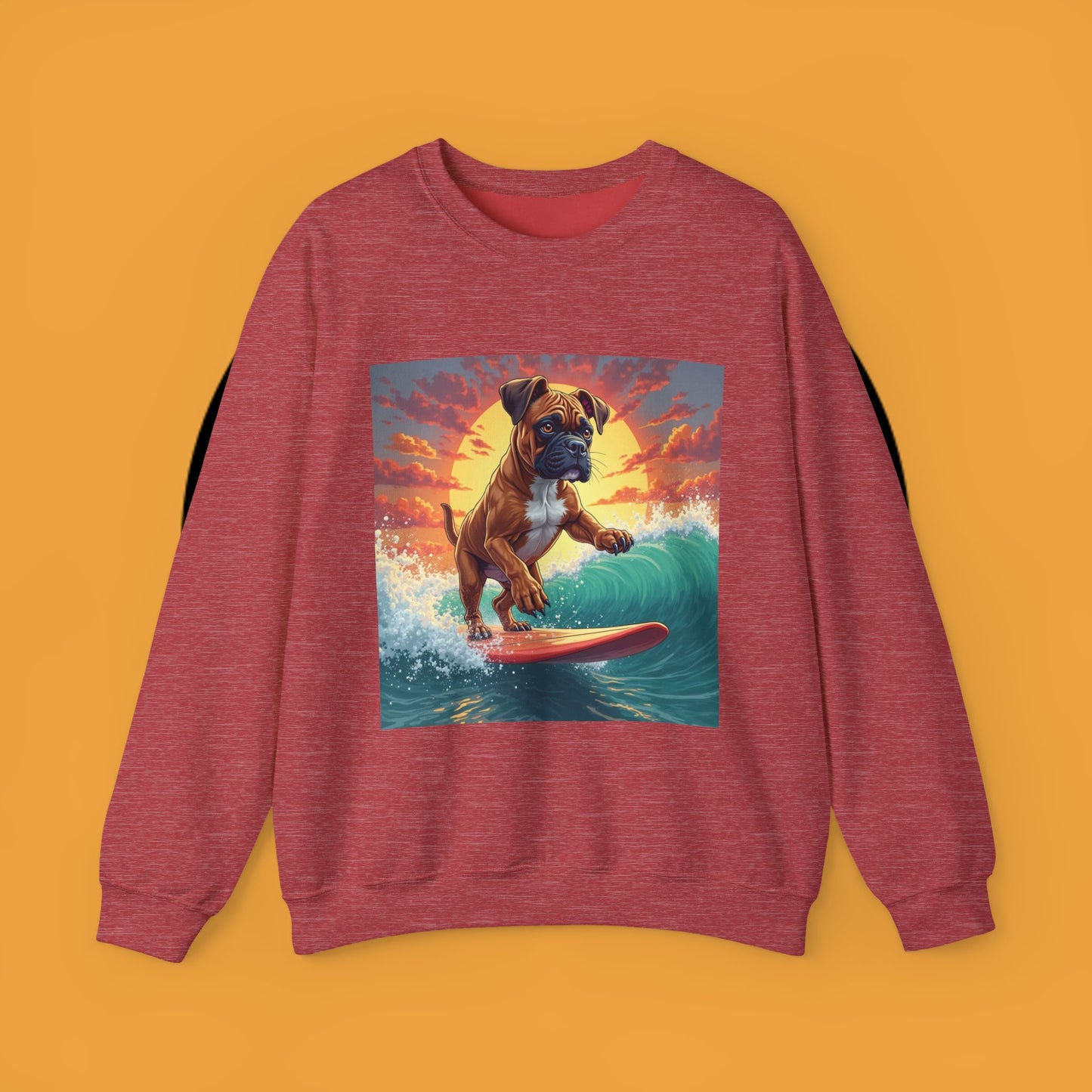Surfing Boxer Dog Crewneck Sweatshirt | Funny Beach Surfer Gift | Epic Wave Riding Pup Design
