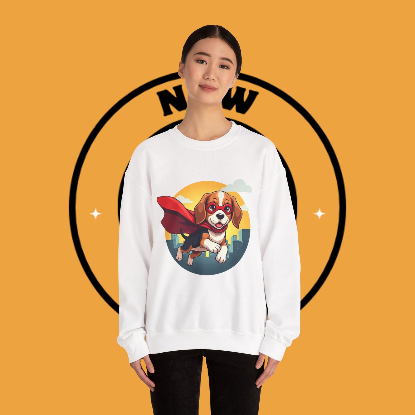 Superhero Dog Crewneck Sweatshirt - Flying Beagle Design with Red Cape and Mask