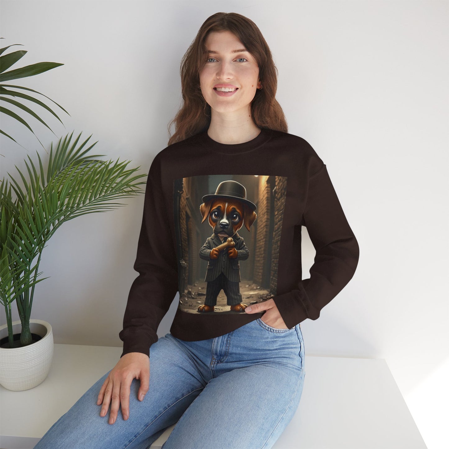 Gangster Puppy Fedora Crewneck Sweatshirt - Vintage Dog Boss Design - Retro Pet Lover Style
