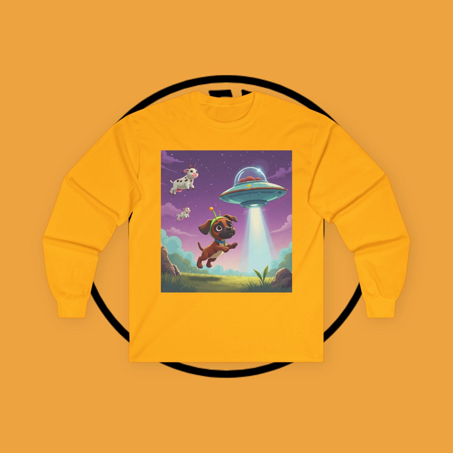 Cute Alien UFO Puppy & Flying Cow Long Sleeve Tee - Whimsical Space Adventure Shirt