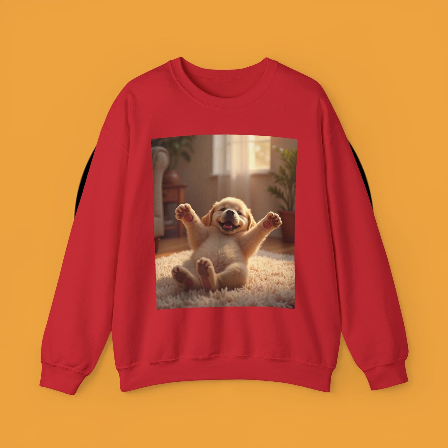 Unisex Dog Lover Crewneck Sweatshirt - Joyful Paws: Yellow Lab Puppy Stretching on Plush Carpet