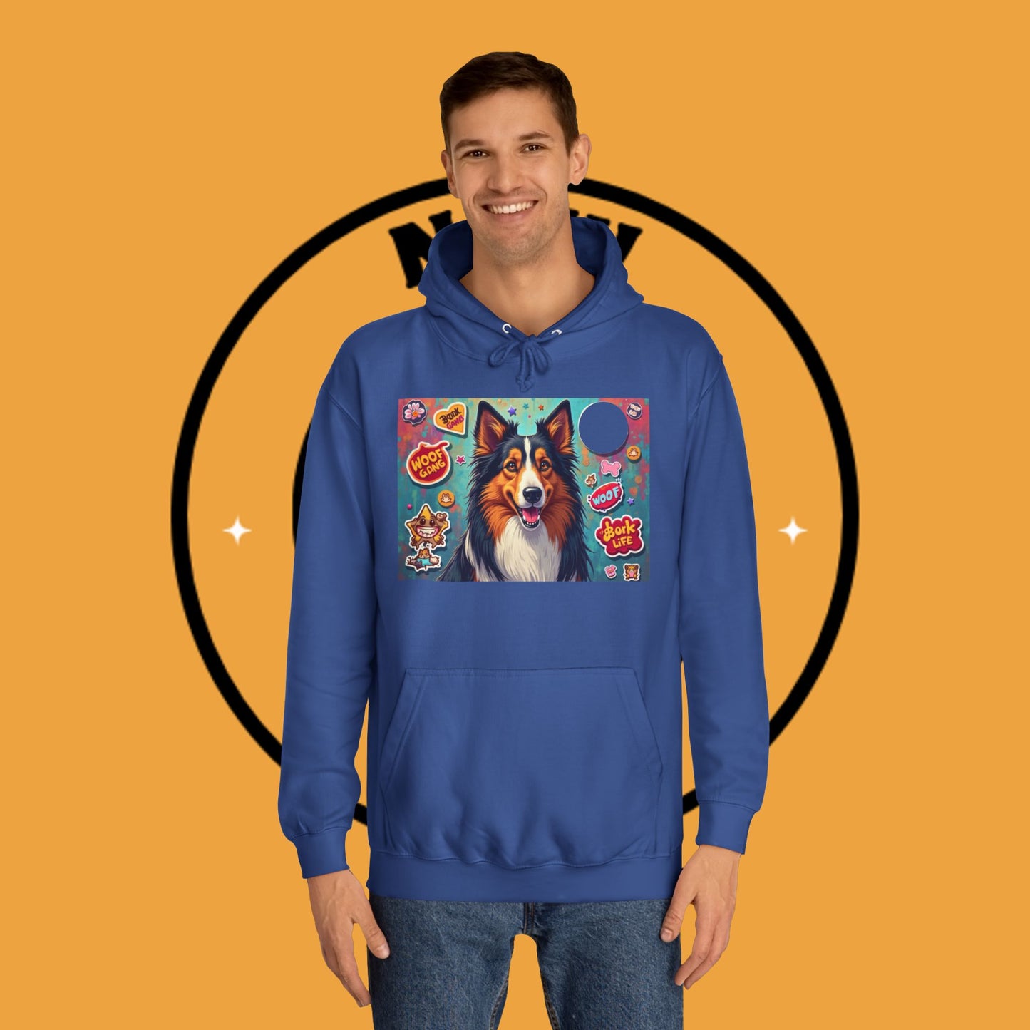 "Dog Sticker Pack Hoodie - Vibrant Collie with Fun Dog Patches Design | Millennial Pet Lover Streetwear"