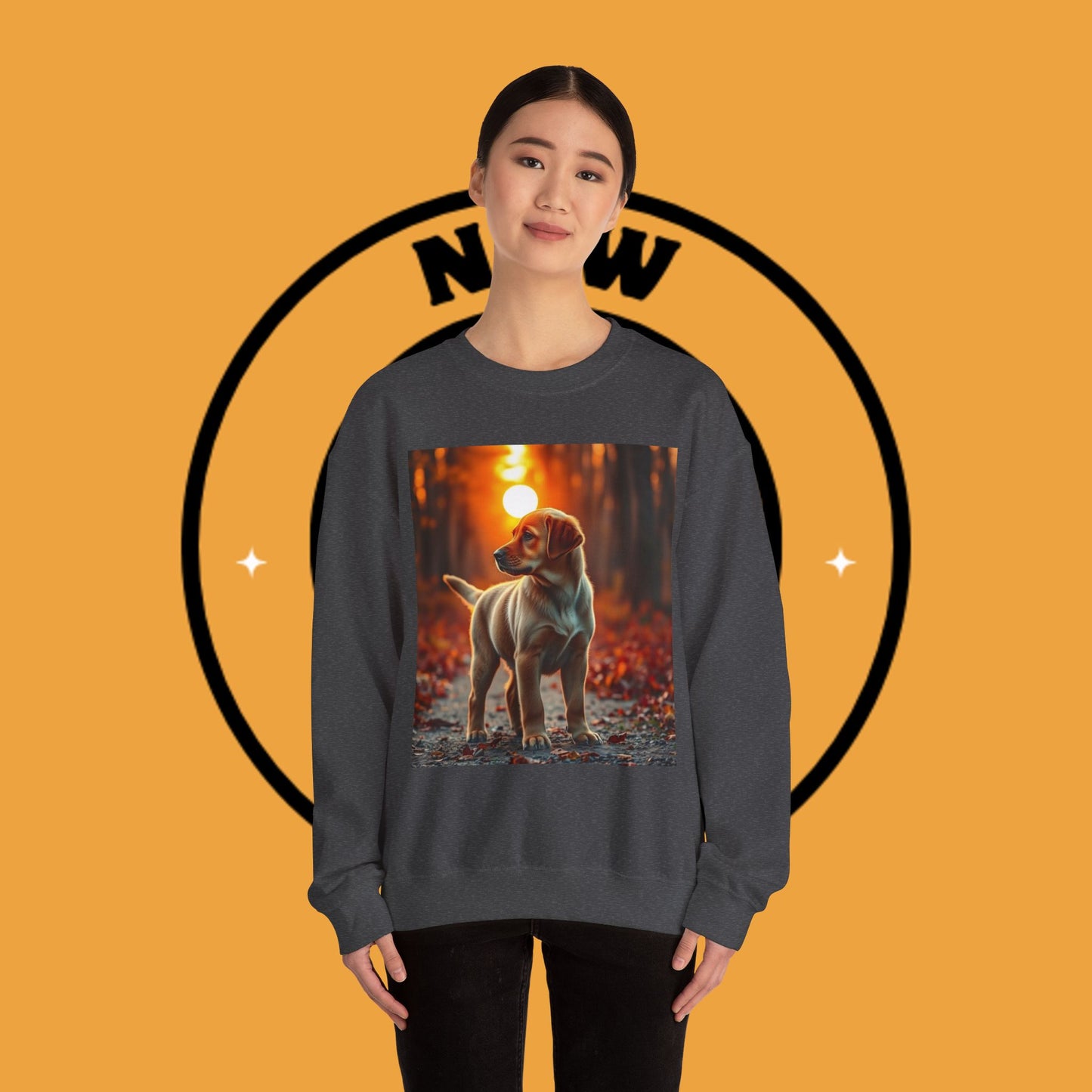 Crewneck Sweatshirt - Labrador Puppy in Autumn Forest with Golden Sunset Light Design
