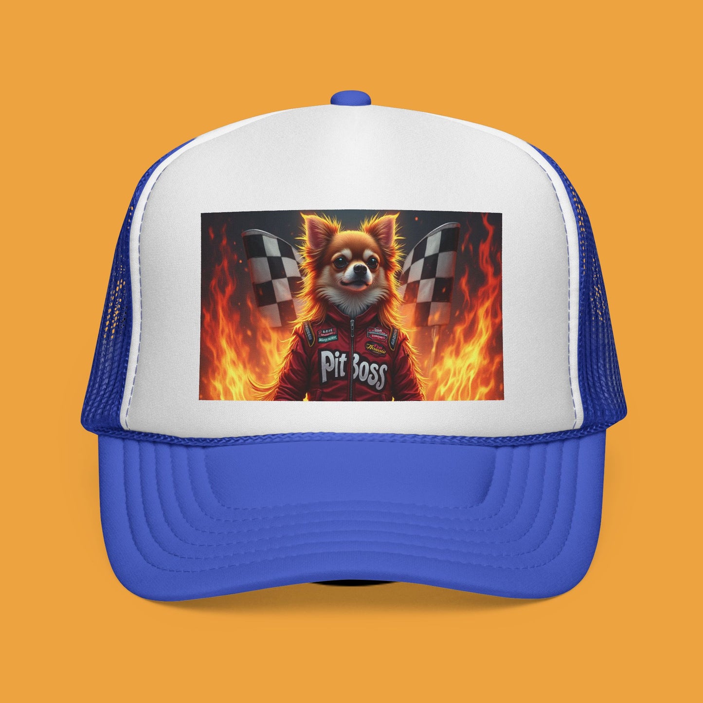 Pit Boss Chihuahua Racing Trucker Hat - Checkered Flag Fire Cap | Motorsports Dog Lover Speed Racing Baseball Hat