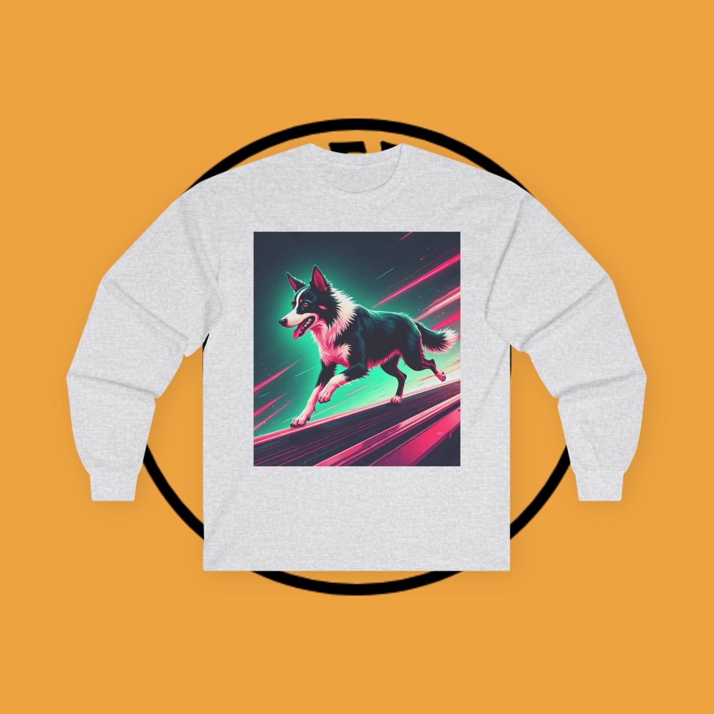 "Neon Speed Dog Long Sleeve Tee - Cyberpunk Running Border Collie Shirt - Futuristic Animal Art Apparel"