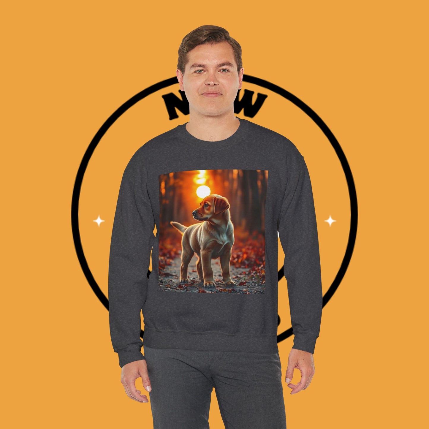 Crewneck Sweatshirt - Labrador Puppy in Autumn Forest with Golden Sunset Light Design