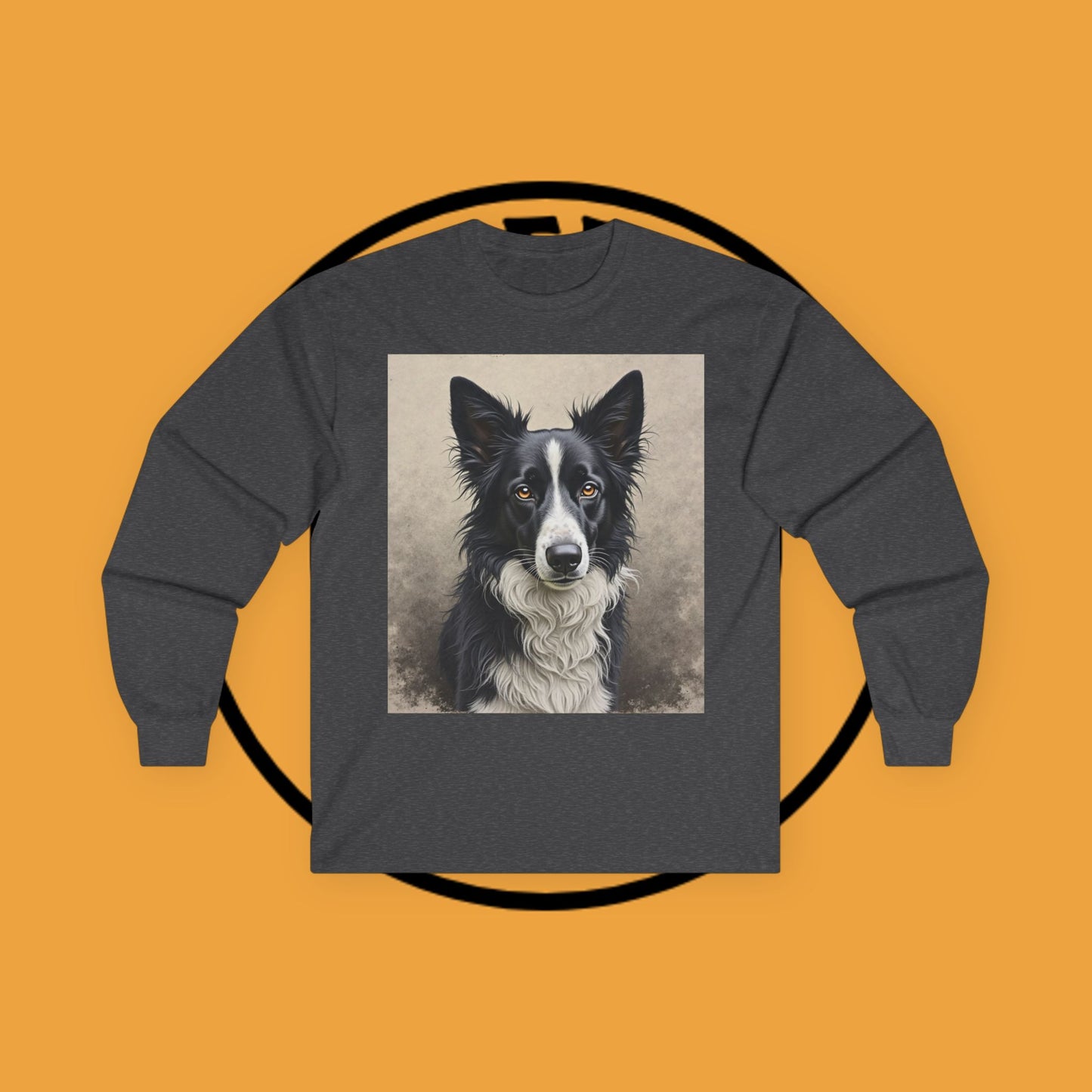 Realistic Border Collie Portrait Long Sleeve Tee - Black & White Dog Art Shirt | Premium Pet Apparel