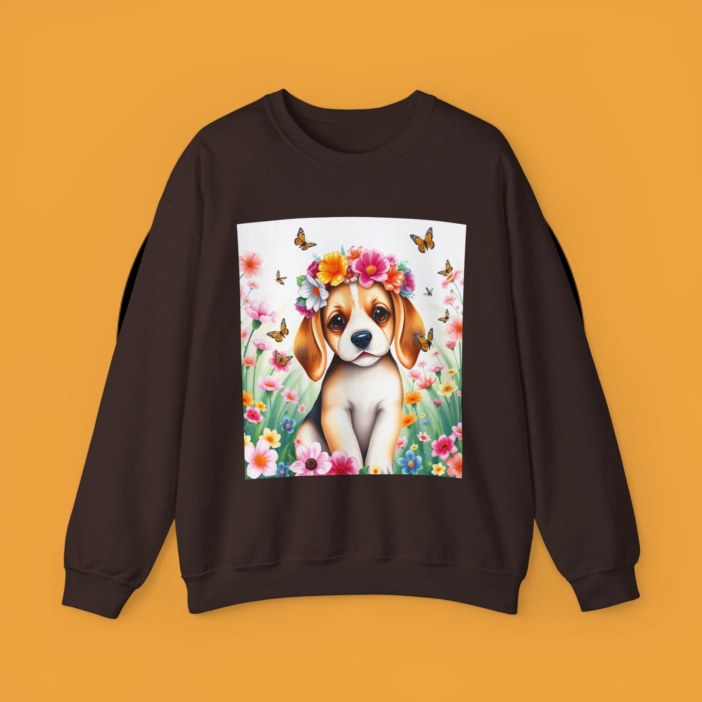 Flower Wreath Dog Crewneck Sweatshirt - Spring Beagle Design with Butterflies