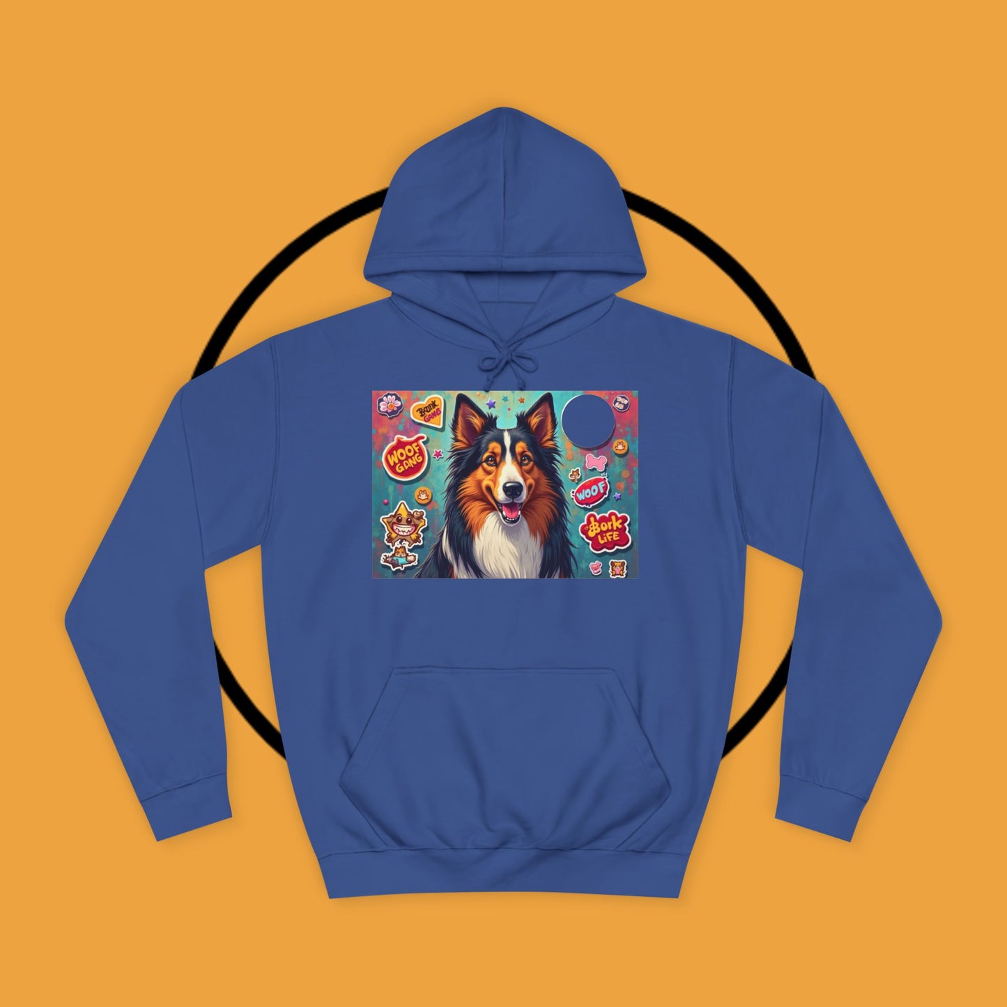 "Dog Sticker Pack Hoodie - Vibrant Collie with Fun Dog Patches Design | Millennial Pet Lover Streetwear"