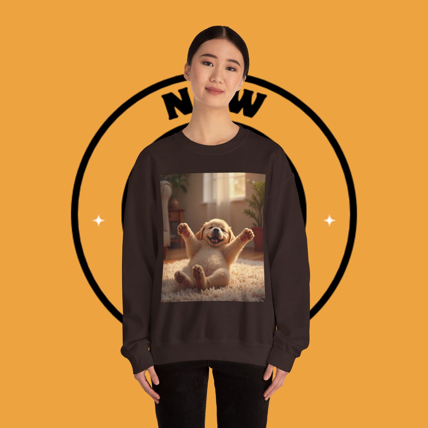 Unisex Dog Lover Crewneck Sweatshirt - Joyful Paws: Yellow Lab Puppy Stretching on Plush Carpet