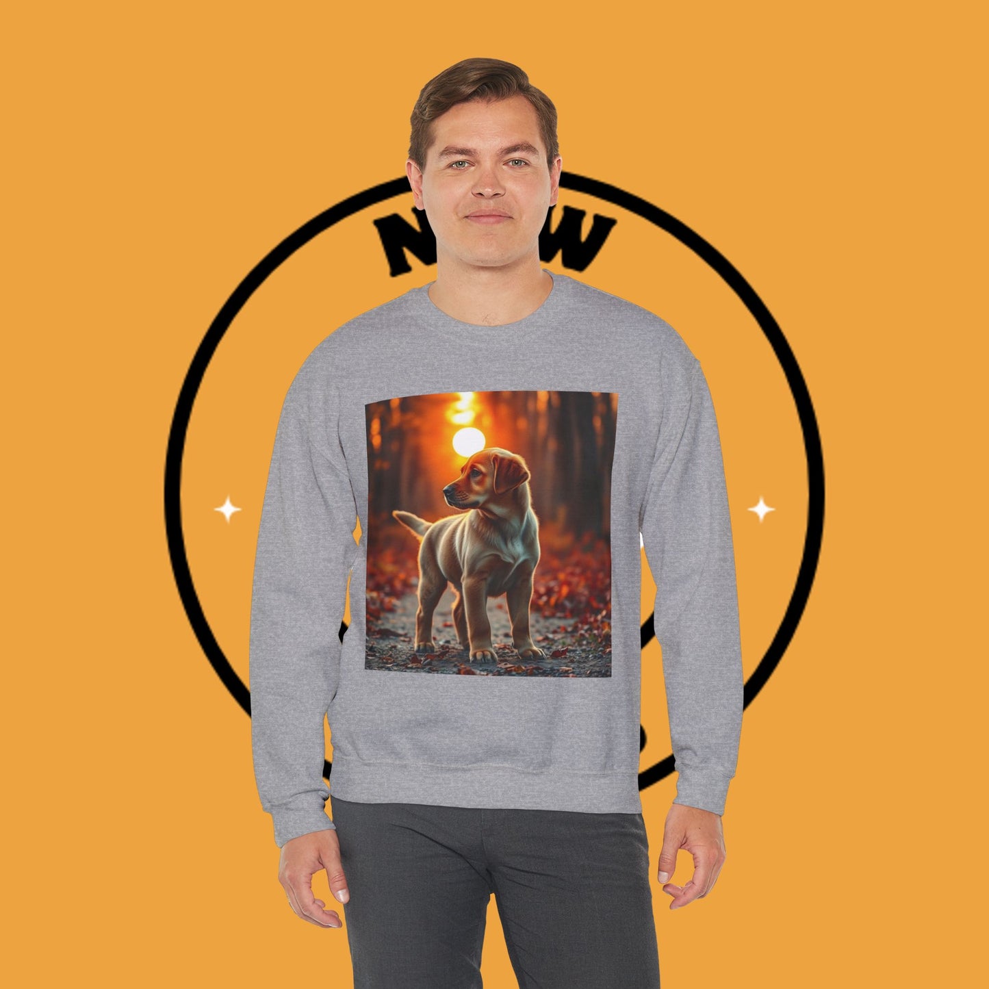 Crewneck Sweatshirt - Labrador Puppy in Autumn Forest with Golden Sunset Light Design