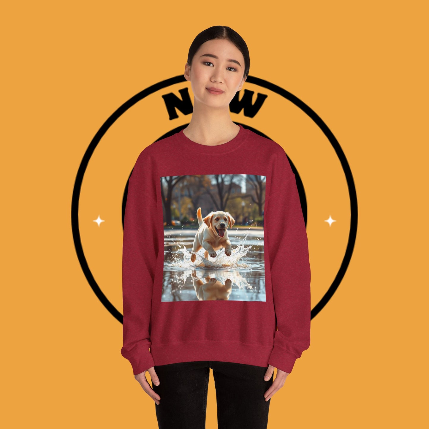 Unisex Dog Lover Crewneck Sweatshirt -Labrador Puppy Running in Water - Happy Dog Splashing in Puddle