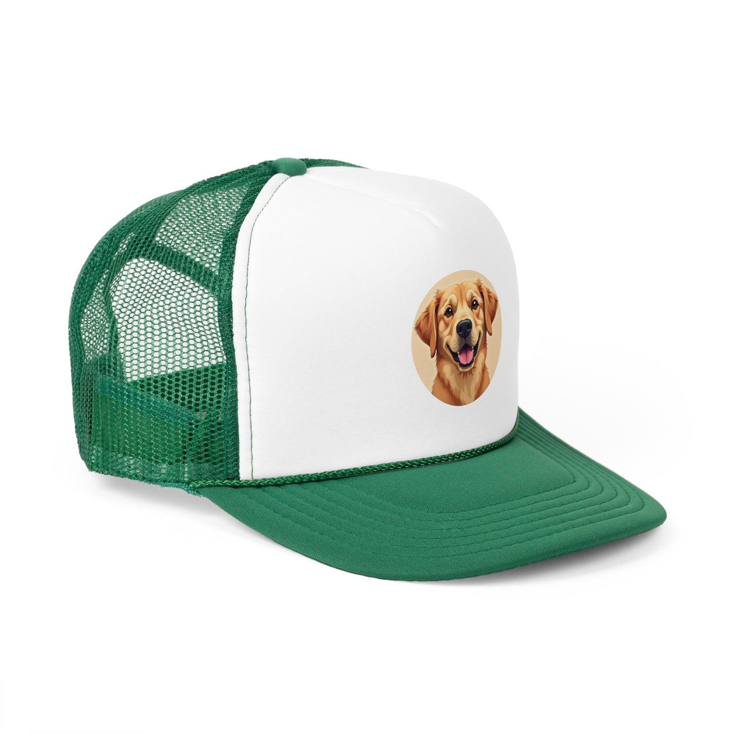 Happy Golden Retriever Trucker Cap - Circular Digital Illustration - Unisex Golden Cheerful Cap
