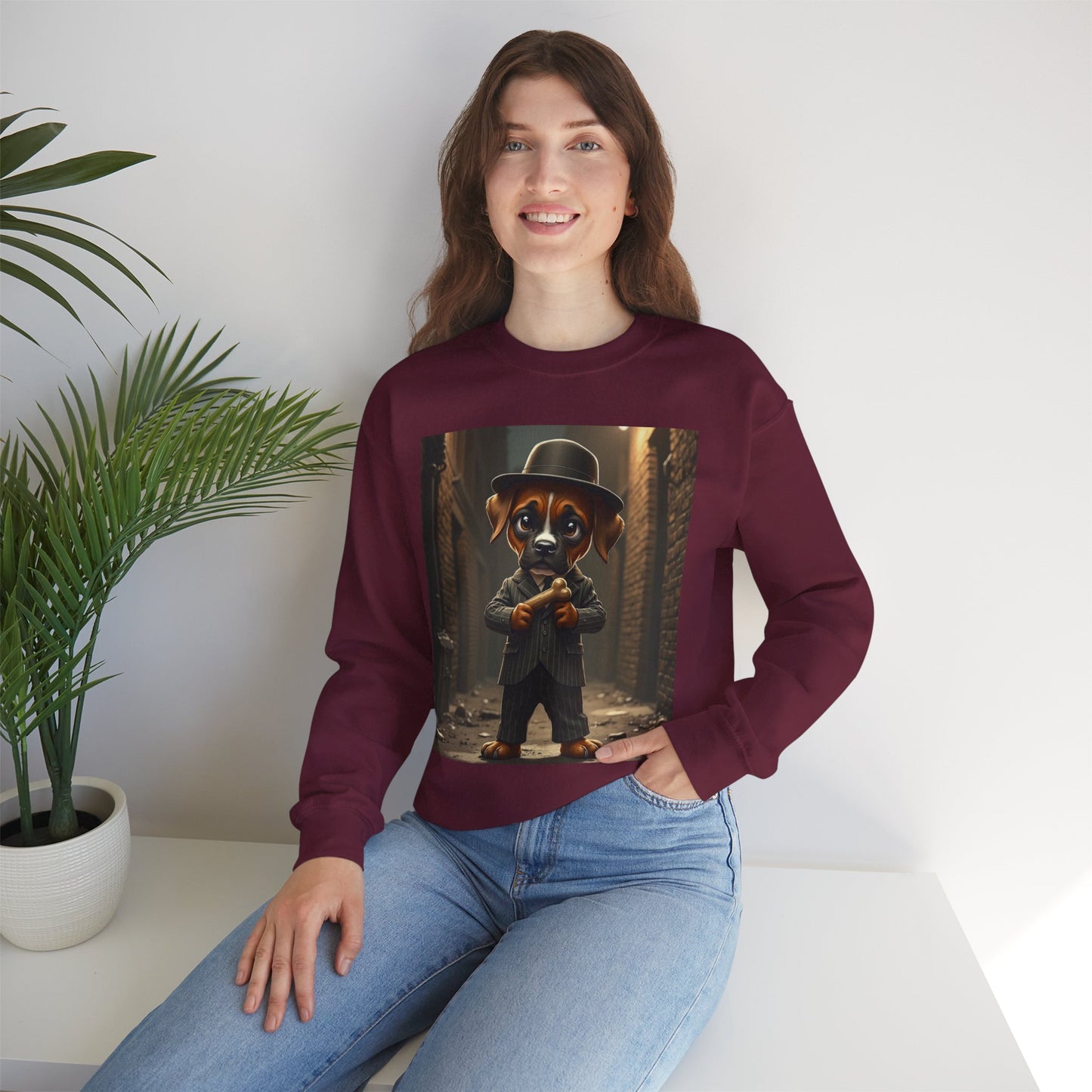 Gangster Puppy Fedora Crewneck Sweatshirt - Vintage Dog Boss Design - Retro Pet Lover Style