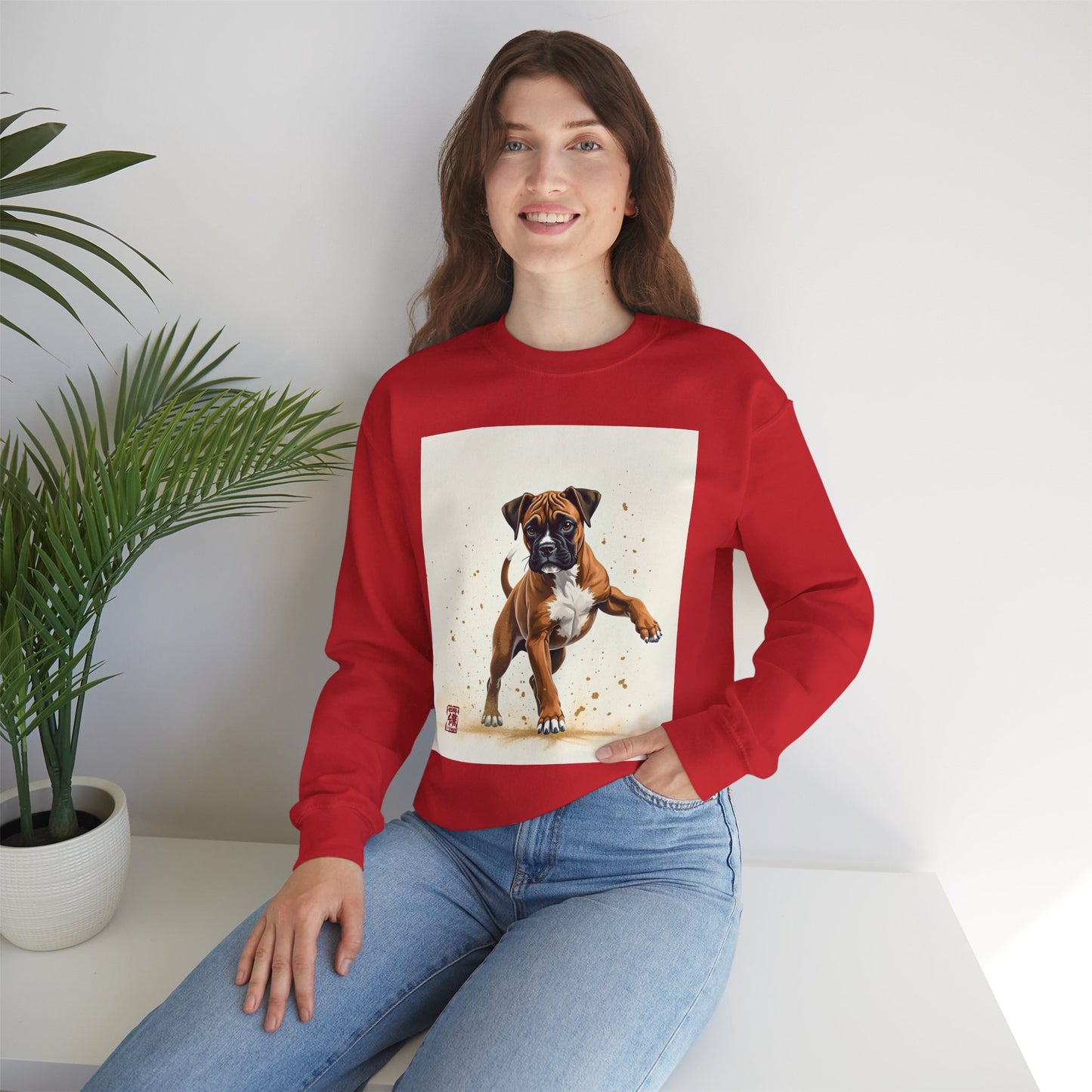 Running Boxer Puppy Crewneck Sweatshirt | Artistic Dog Lover Gift | Dynamic Movement Design