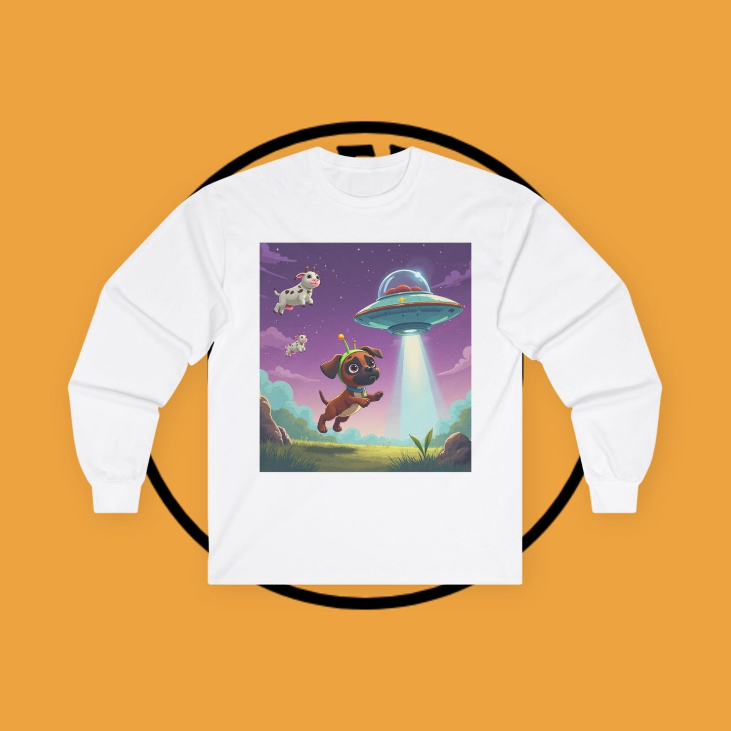 Cute Alien UFO Puppy & Flying Cow Long Sleeve Tee - Whimsical Space Adventure Shirt