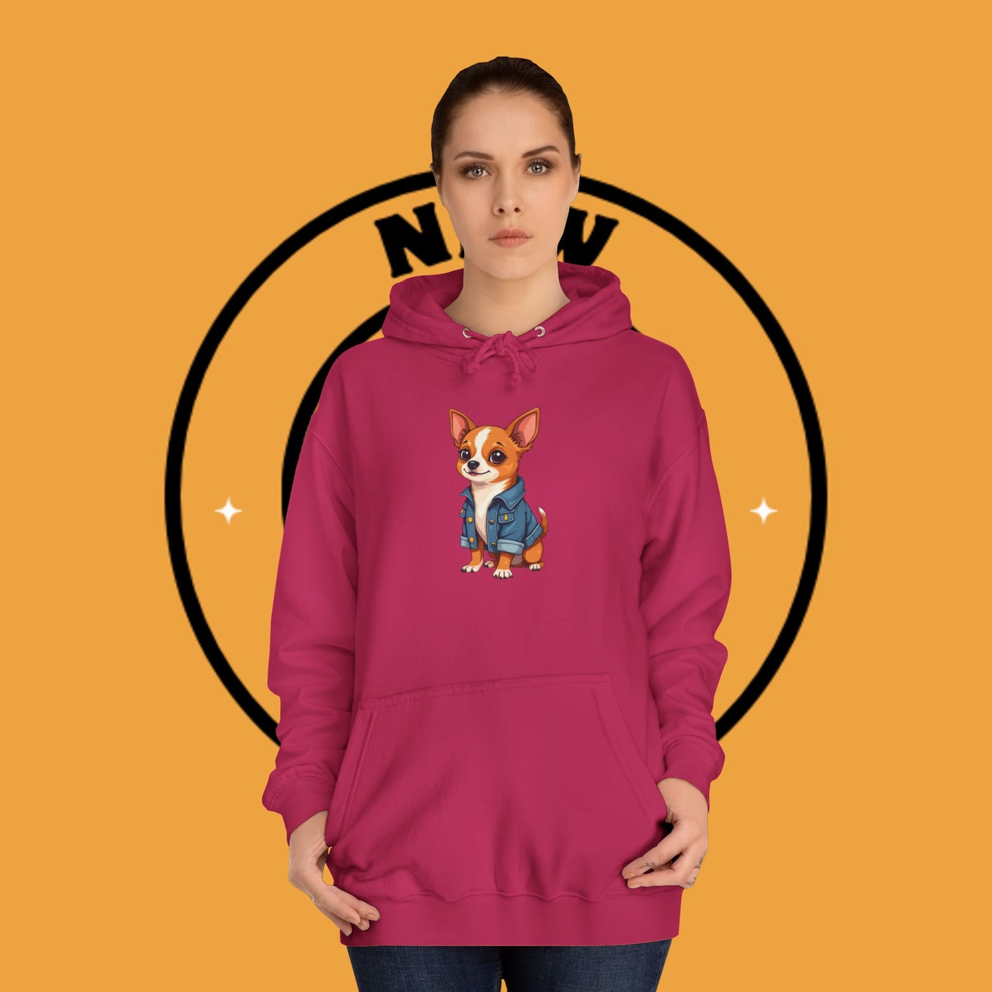 "Adorable Chihuahua in Denim Jacket Hoodie | Cute Dog Lover Gift | Premium Pet Fashion Streetwear"