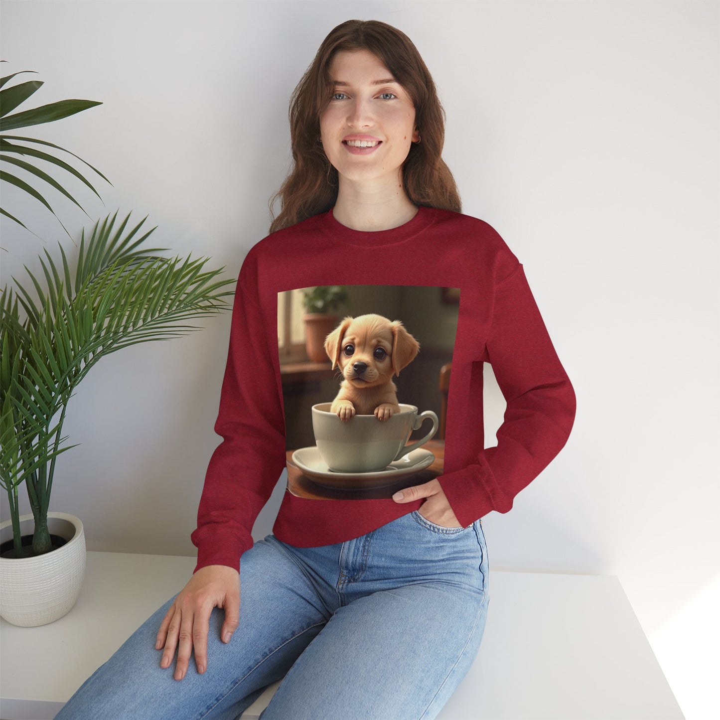 Unisex Dog Lover Crewneck Sweatshirt - Teacup Puppy: Adorable Yellow Lab in Coffee Cup