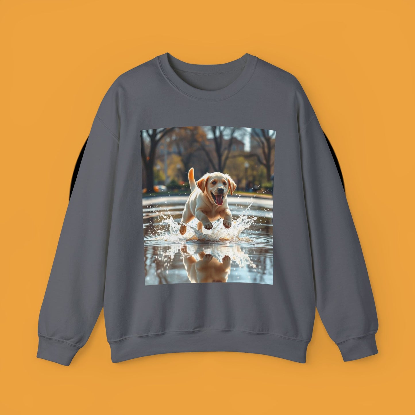 Unisex Dog Lover Crewneck Sweatshirt -Labrador Puppy Running in Water - Happy Dog Splashing in Puddle