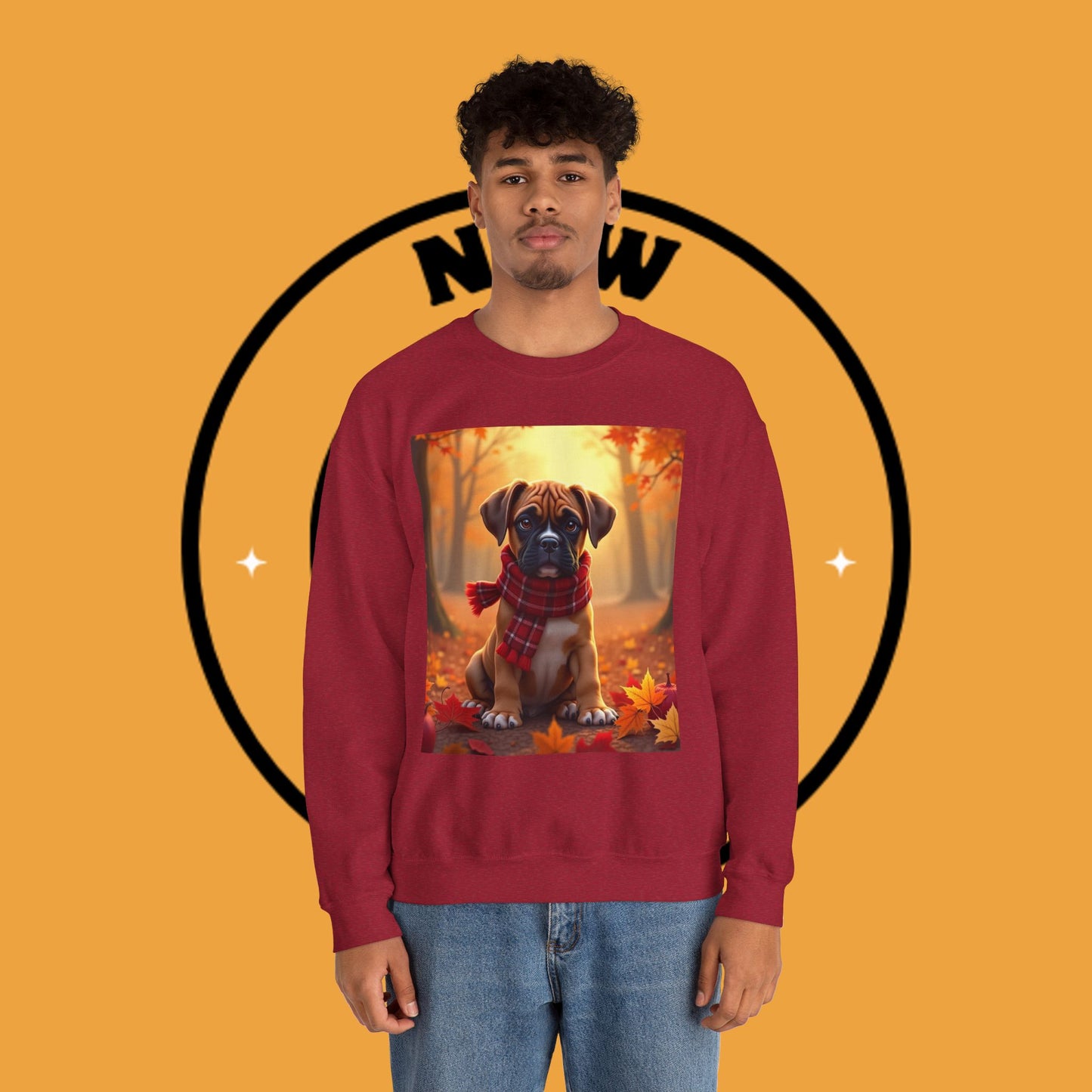 Cute Boxer Puppy Autumn Crewneck Sweatshirt | Fall Dog Lover Gift | Cozy Plaid Scarf Design