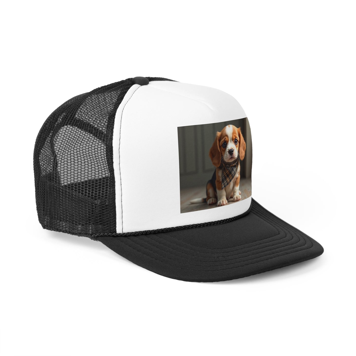 Stylish Beagle Puppy with Plaid Bandana Trucker Hat - Premium Dog Lover Cap - Adorable Dog Lover Unisex Cap