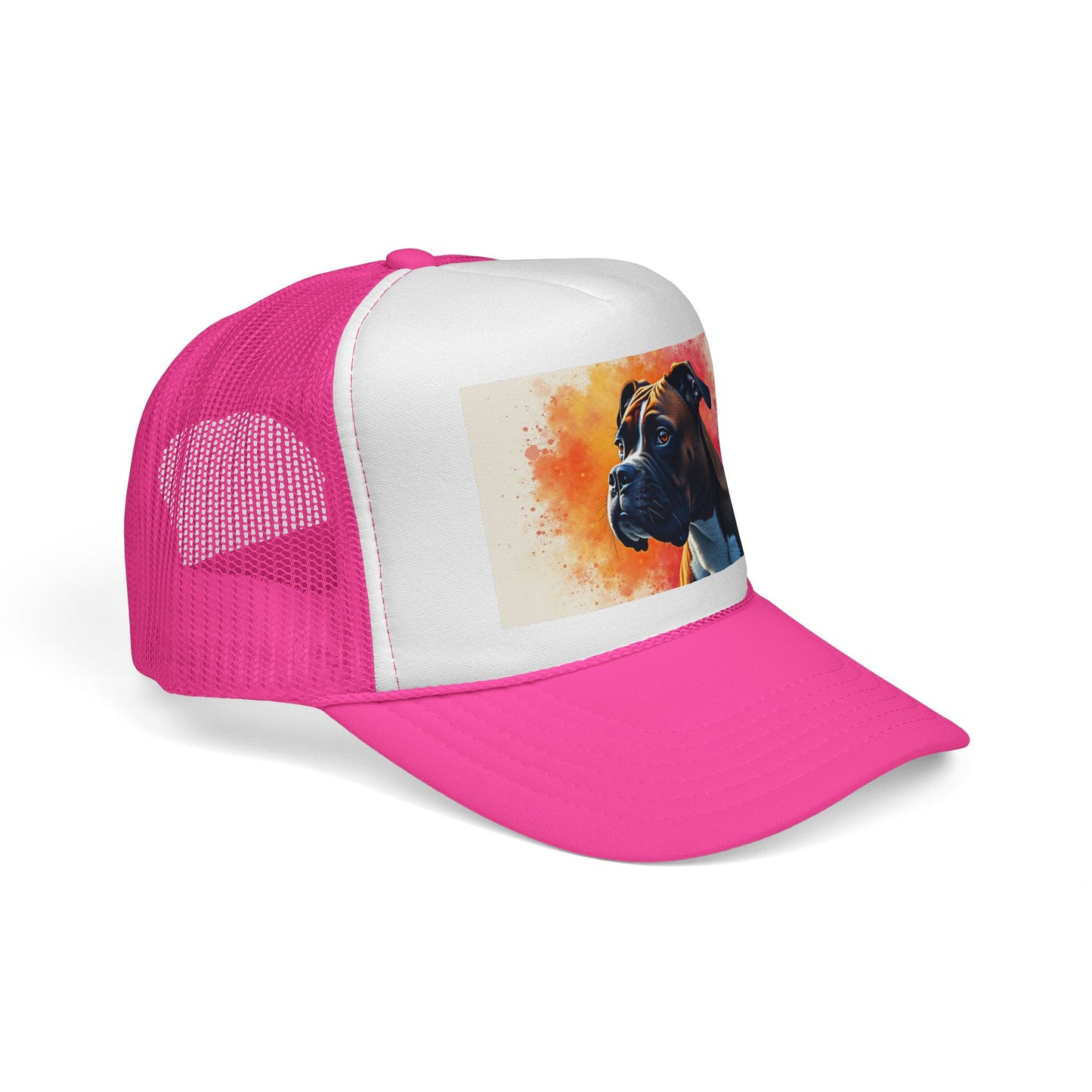 "Watercolor Sunset Boxer Dog Trucker Cap - Artistic Profile Design | Premium Snapback Hat | Fine Art Streetwear for Dog Lovers"
