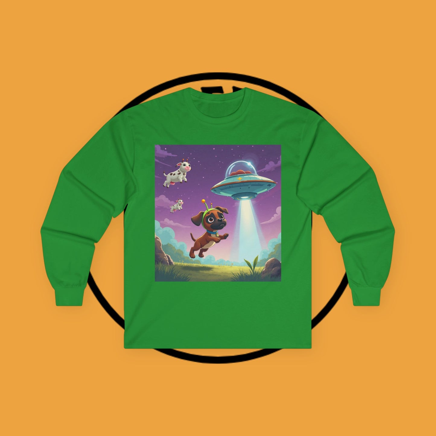 Cute Alien UFO Puppy & Flying Cow Long Sleeve Tee - Whimsical Space Adventure Shirt