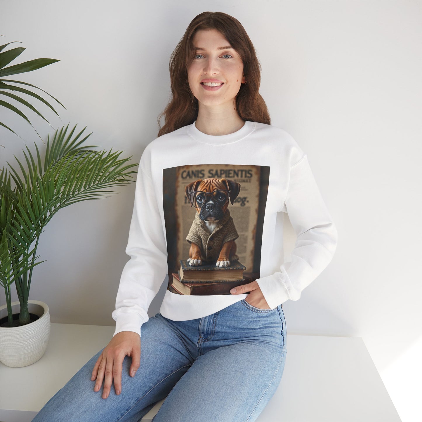 Professor Puppy Glasses Crewneck Sweatshirt - Scholarly Dog Design - Academic Pet Lover Gift