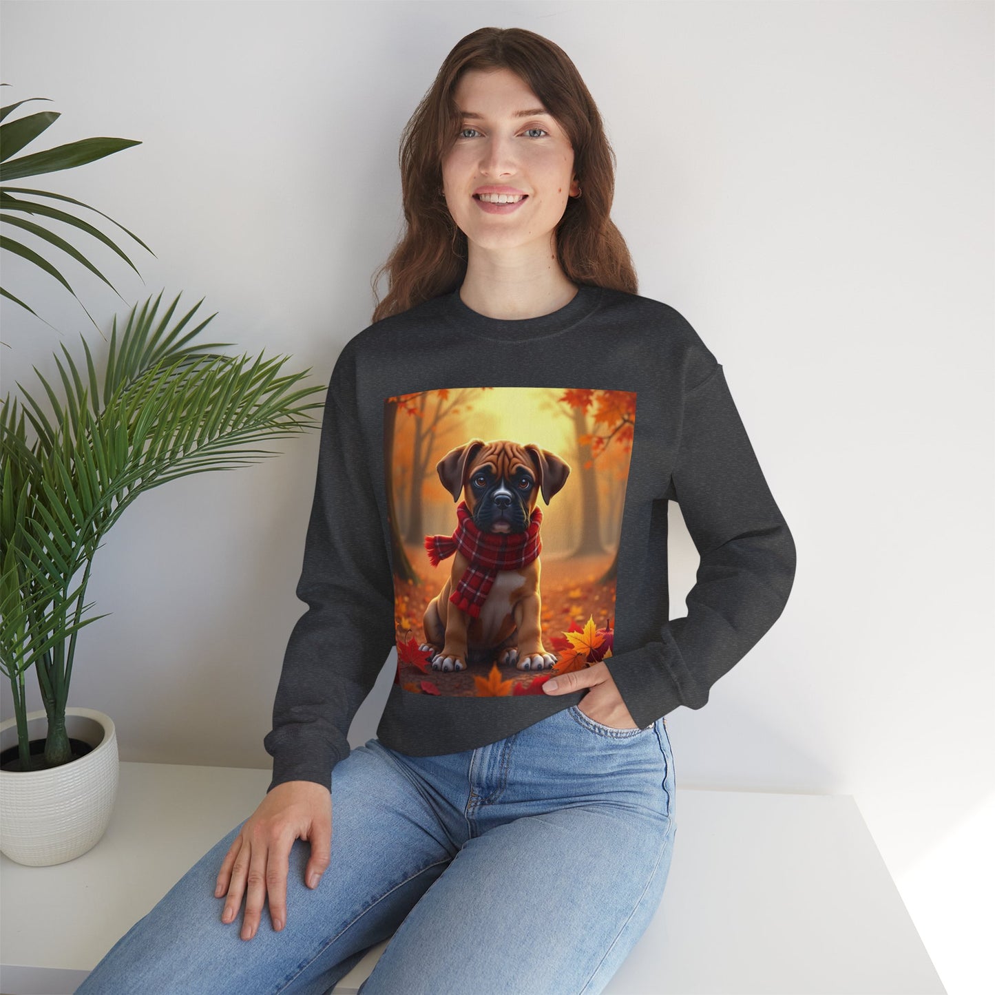 Cute Boxer Puppy Autumn Crewneck Sweatshirt | Fall Dog Lover Gift | Cozy Plaid Scarf Design